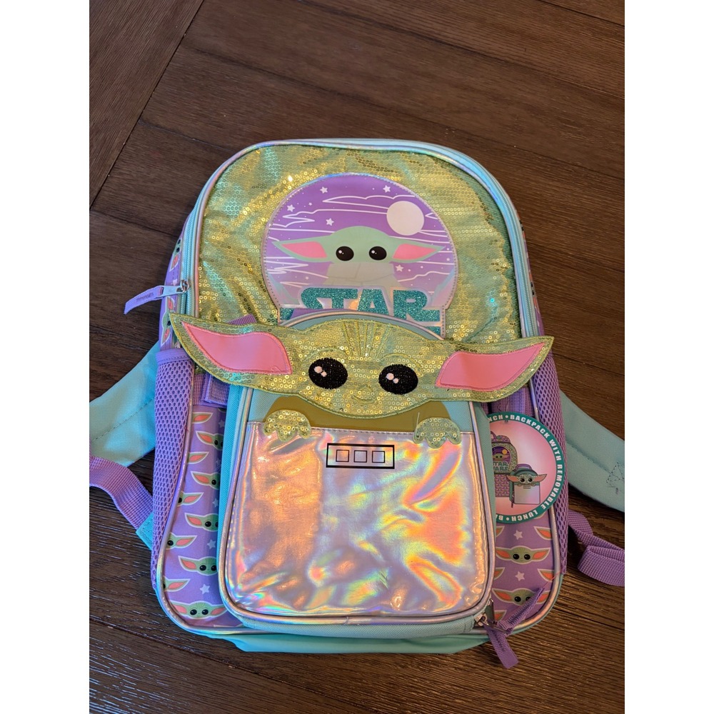 Star Wars Grogu Backpack Kids OS New Sequin Iridescent Removable Lunch Bag Mint